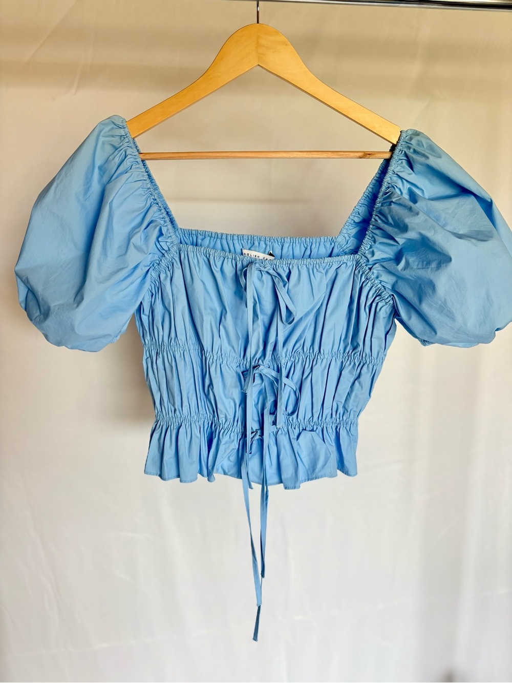English factory Light Blue Puff-Sleeve Smocked Crop Top